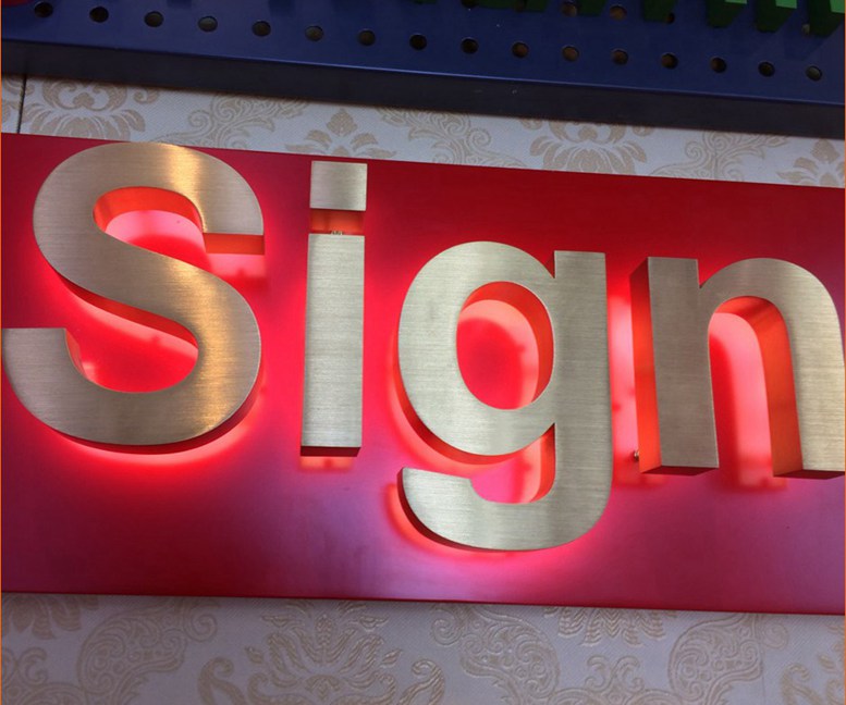 Golden Color Brushed Faces Mirror Sides Polished Stainless Steel Backlit Letters Signs 305